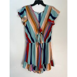 Umgee USA Women's Striped Tie Front Ruffle Romper Multicolor Size‎ L